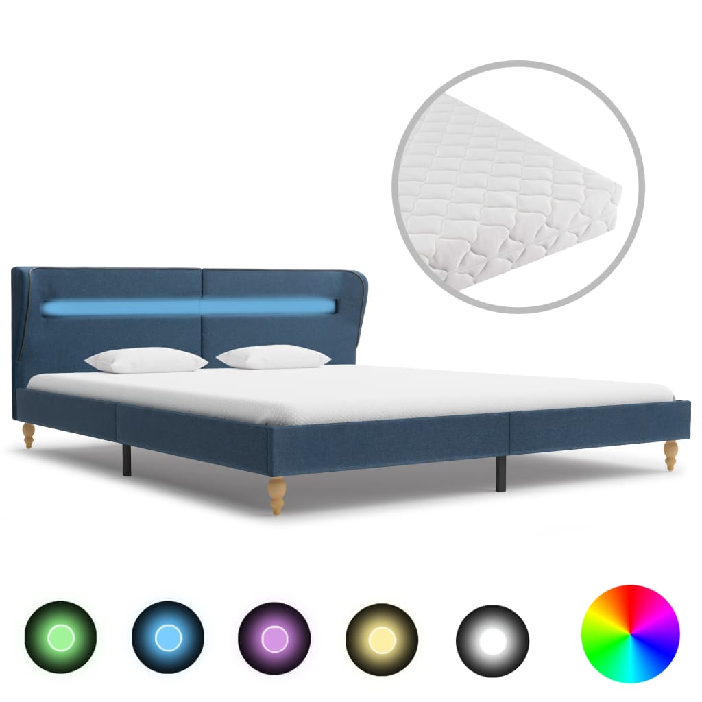  Säng med LED och madrass blå tyg 160x200 cm