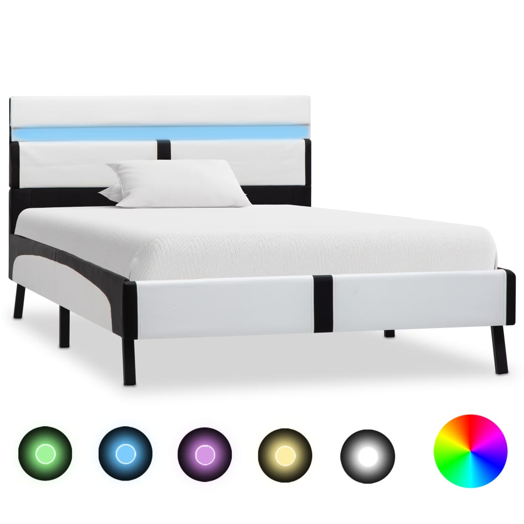  Sängram med LED vit och svart konstläder 90x200 cm