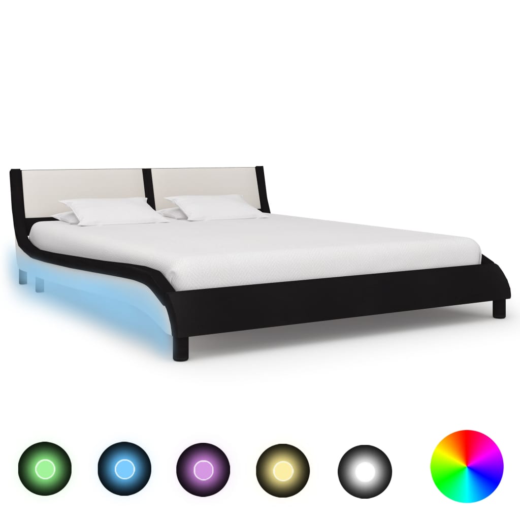  Sängram med LED svart och vit konstläder 180x200 cm