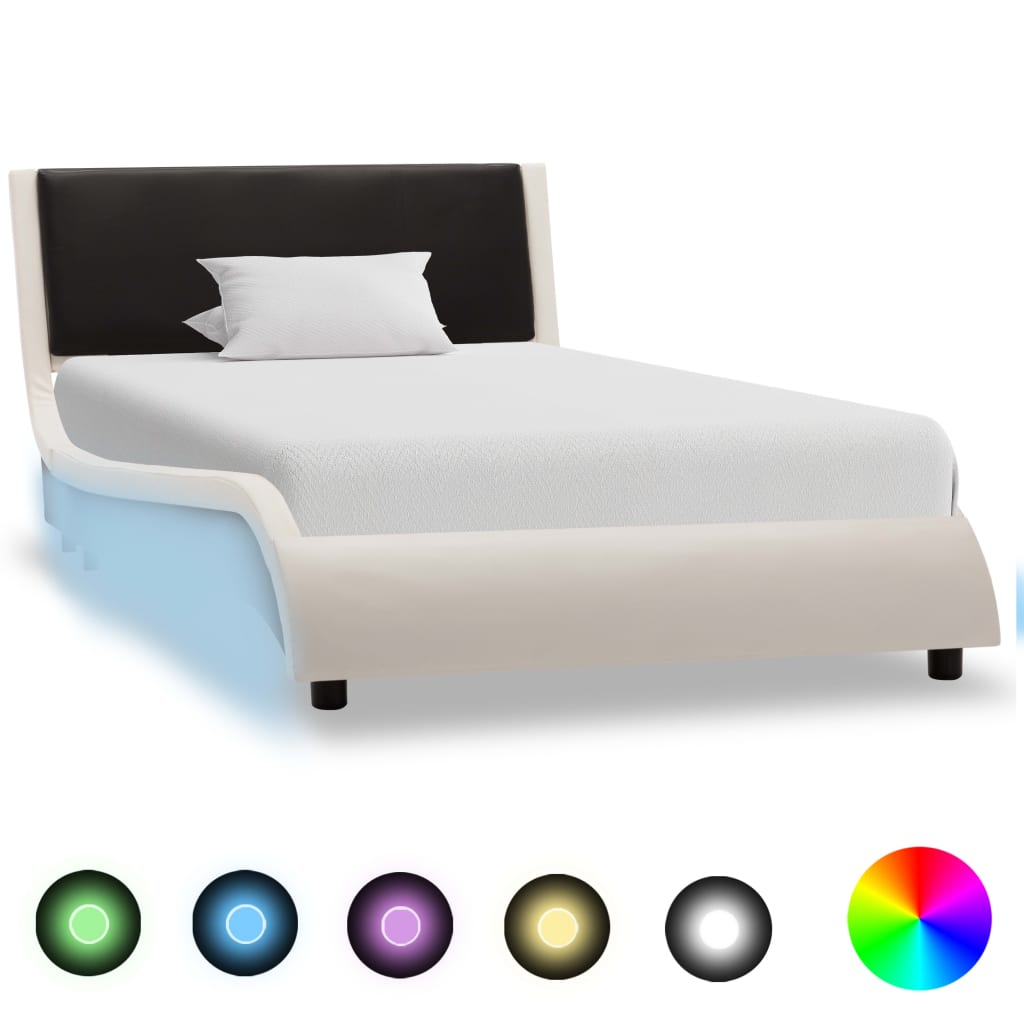  Sängram med LED vit och svart konstläder 90x200 cm
