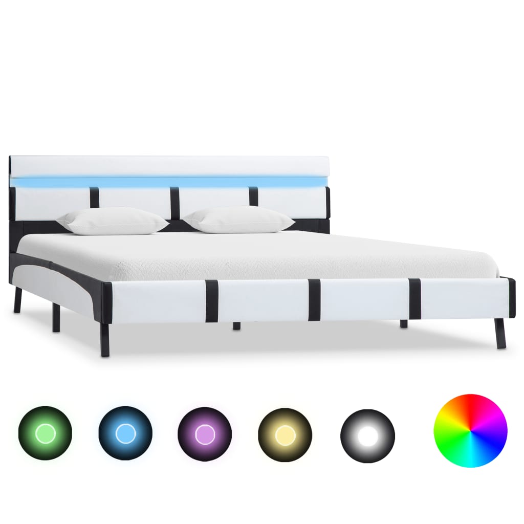  Sängram med LED vit och svart konstläder 150x200 cm