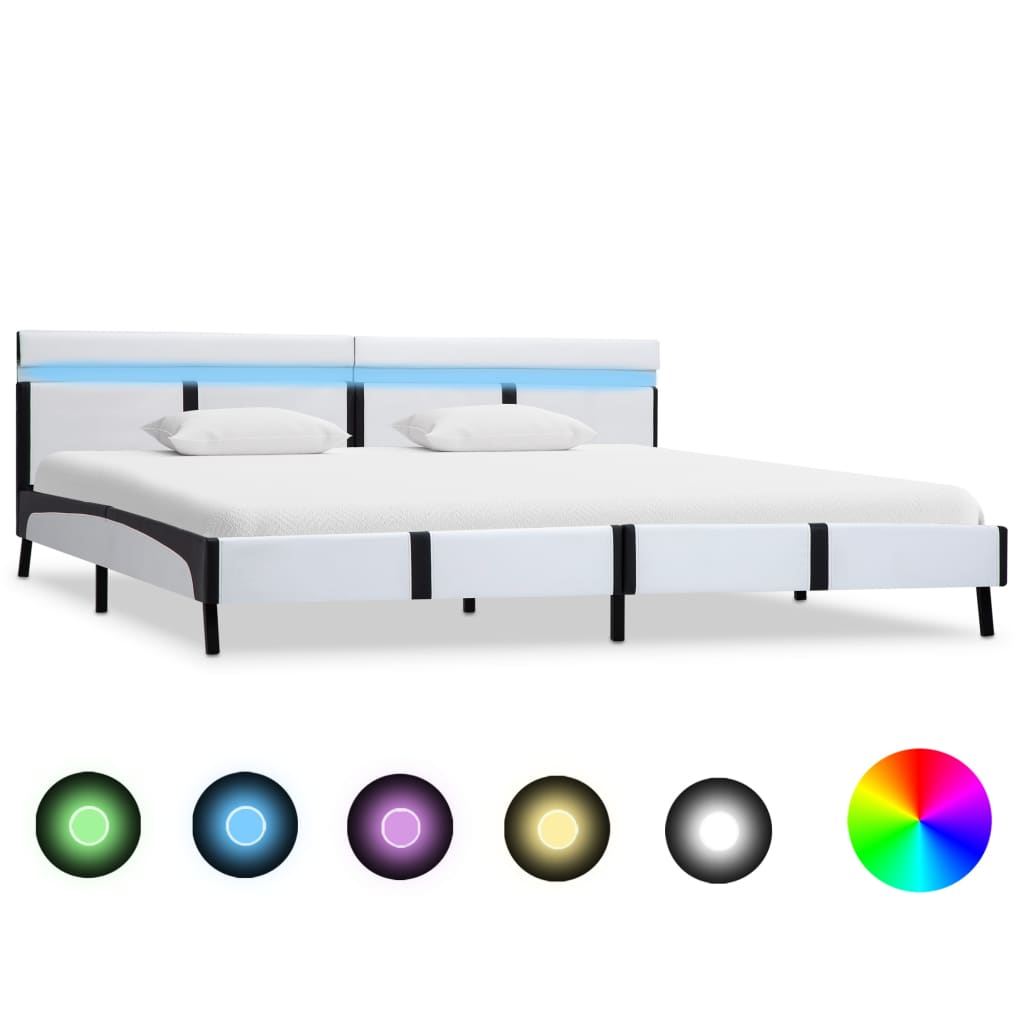  Sängram med LED vit och svart konstläder 180x200 cm