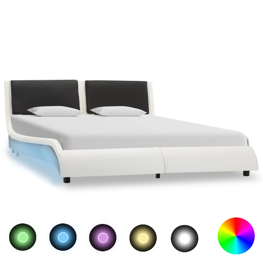  Sängram med LED vit och svart konstläder 120x190 cm