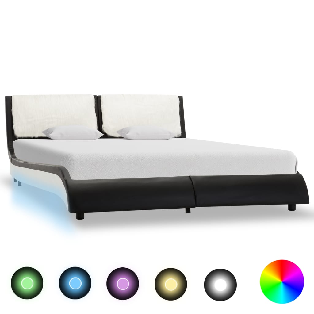  Sängram med LED svart och vit konstläder 120x190 cm