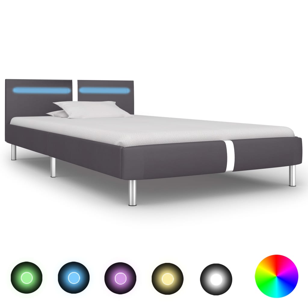  Sängram med LED grå konstläder 90x200 cm