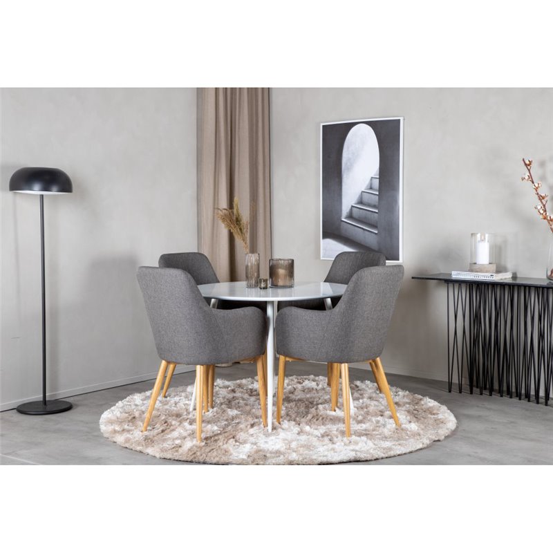 Plaza Round Table 100 cm - White top / White Legs, Comfort Dining Chair - Dark Grey / Oak_4