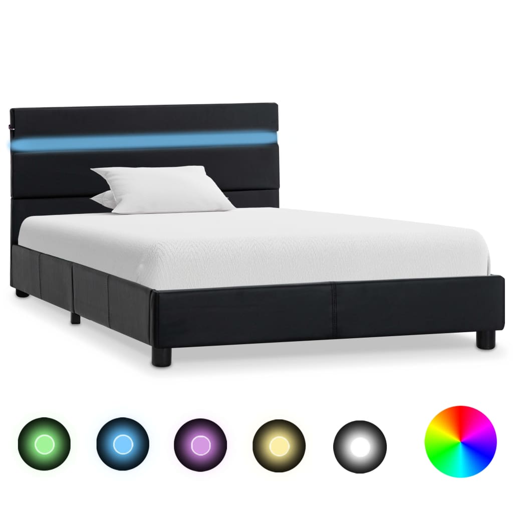  Sängram med LED svart konstläder 90x200 cm
