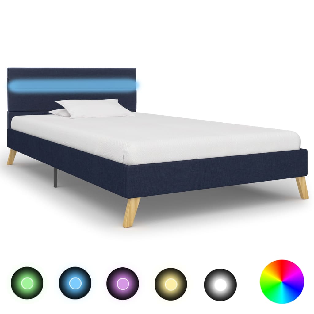 Sängram med LED blå tyg 90x200 cm