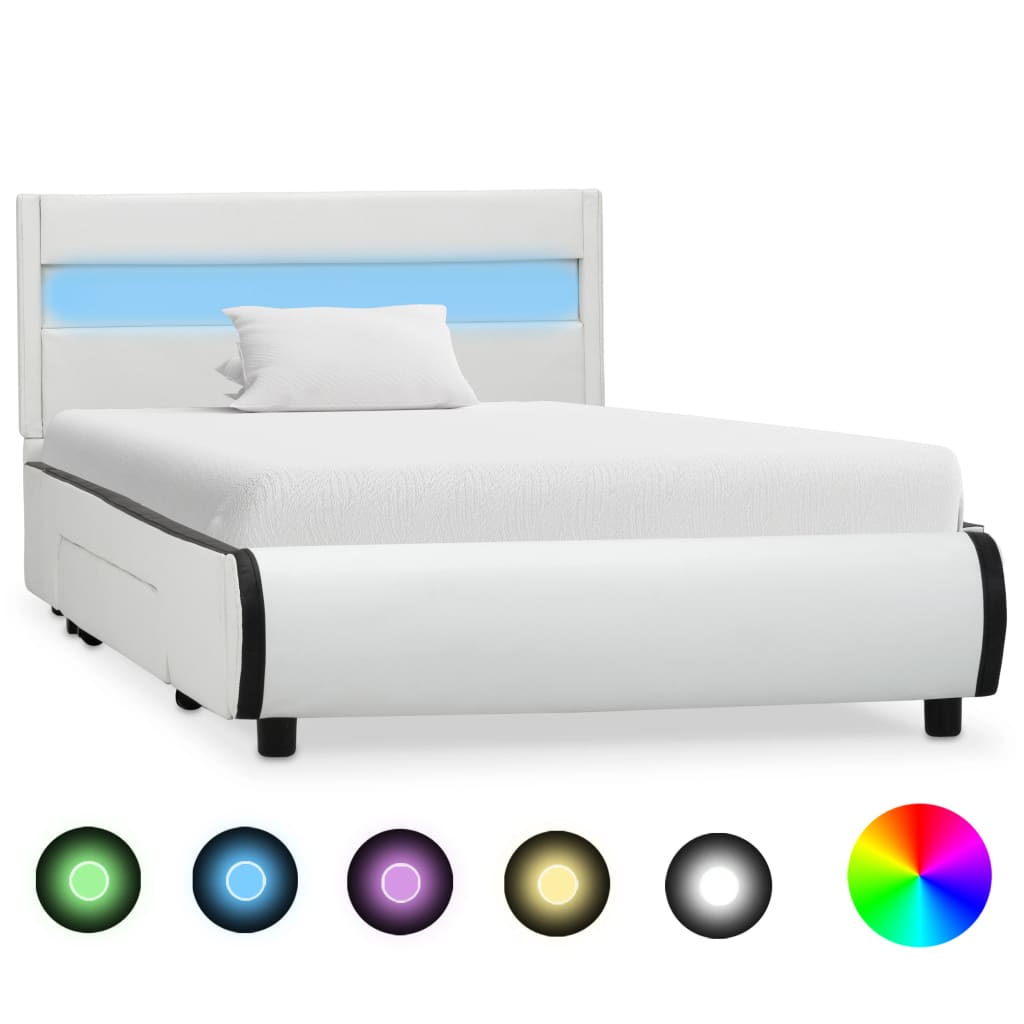  Sängram med LED vit konstläder 100x200 cm