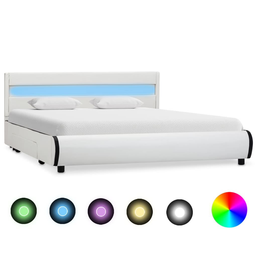  Sängram med LED vit konstläder 160x200 cm