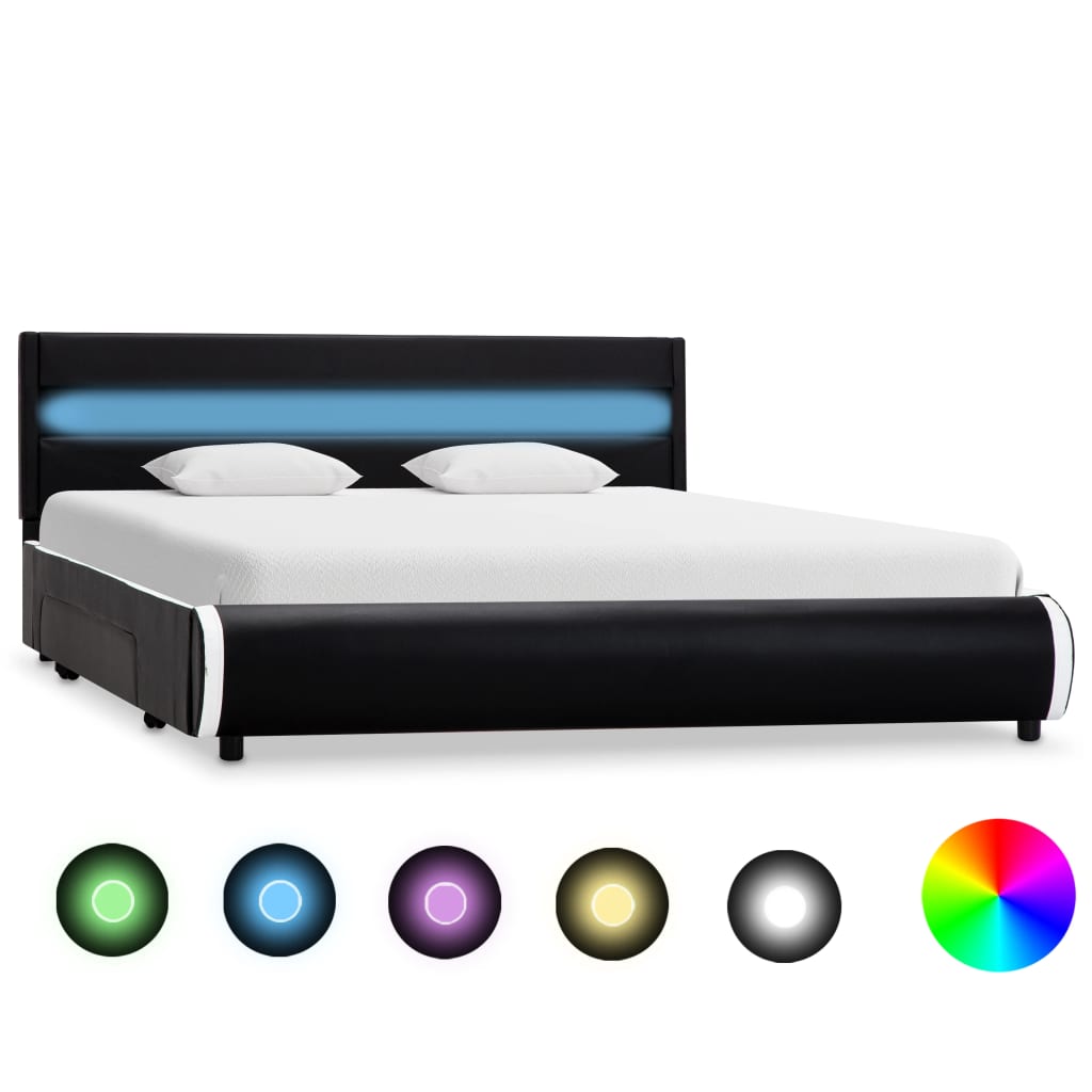  Sängram med LED svart konstläder 140x200 cm