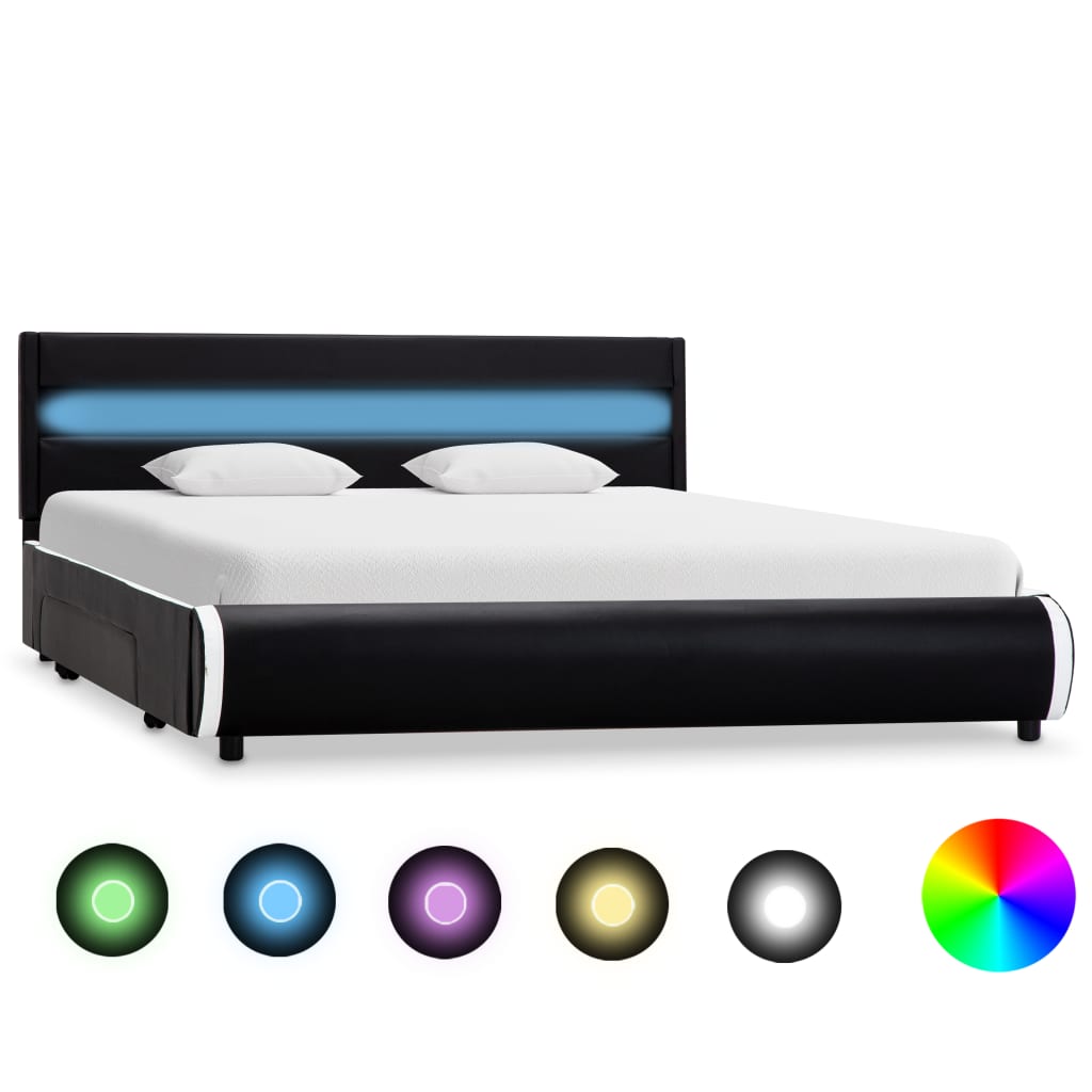  Sängram med LED svart konstläder 160x200 cm