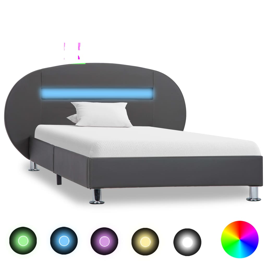  Sängram med LED grå konstläder 90x200 cm