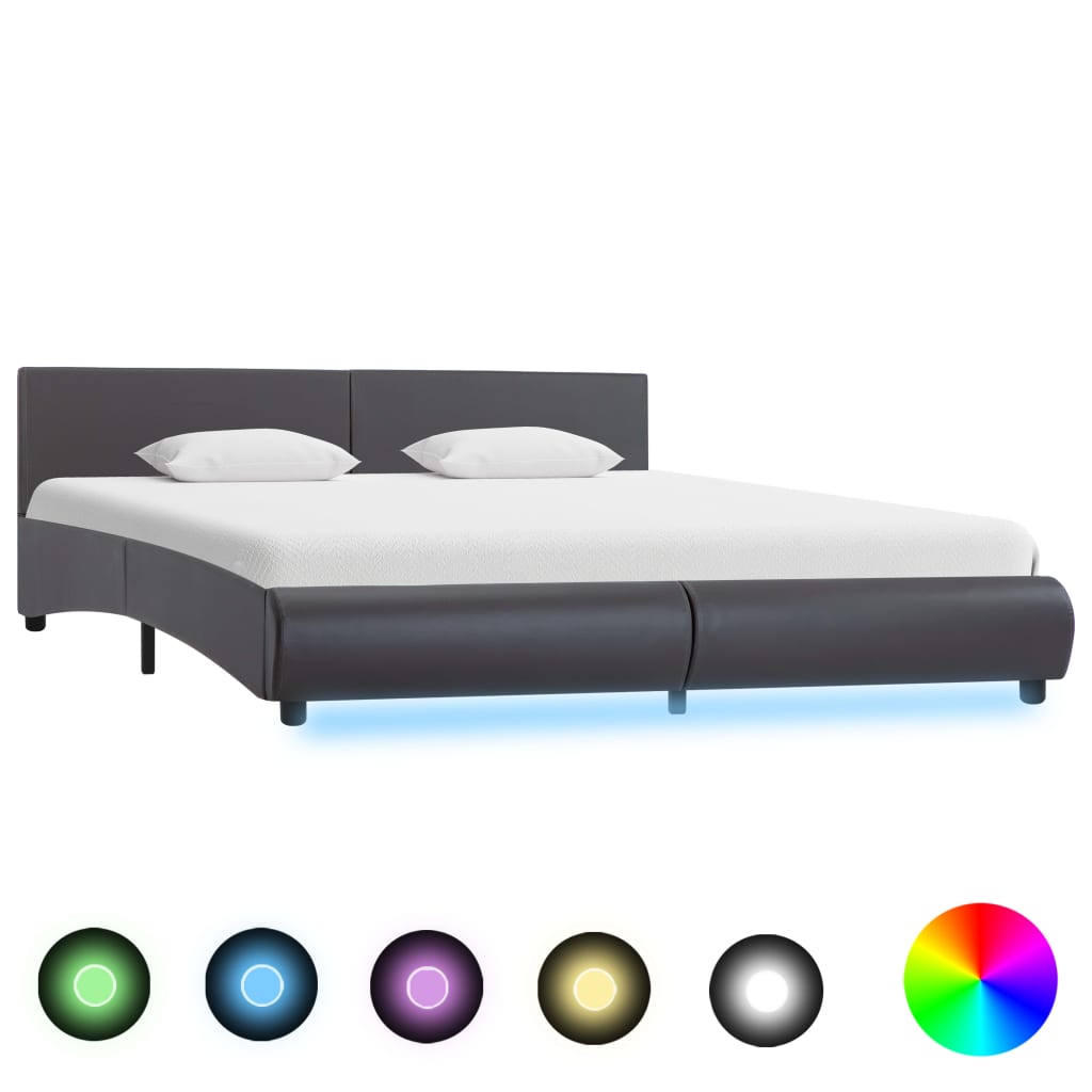  Sängram med LED grå konstläder 180x200 cm