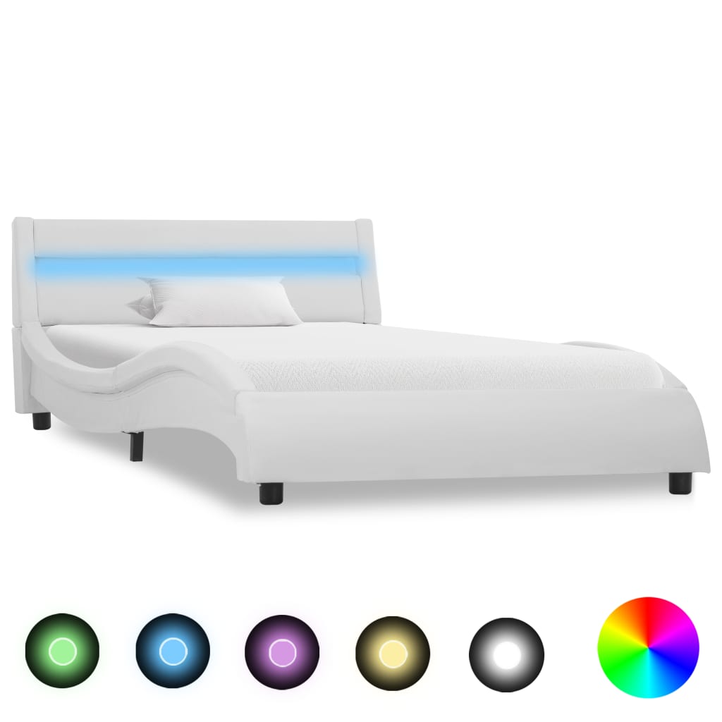  Sängram med LED vit konstläder 90x200 cm