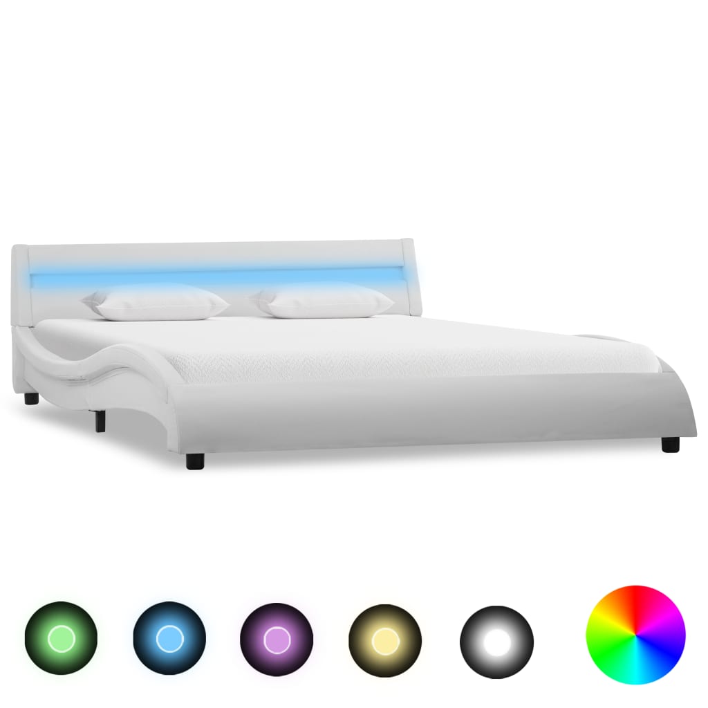  Sängram med LED vit konstläder 120x200 cm