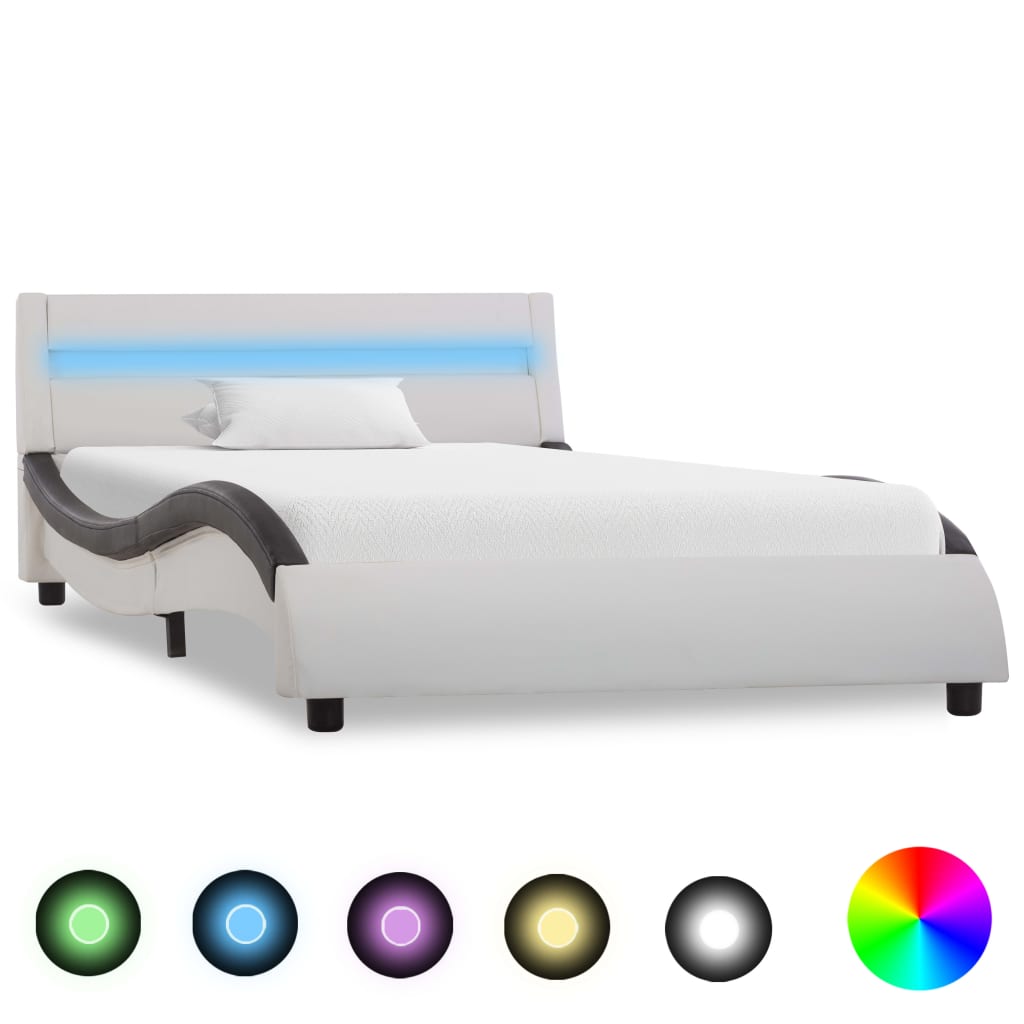  Sängram med LED vit och svart konstläder 100x200 cm
