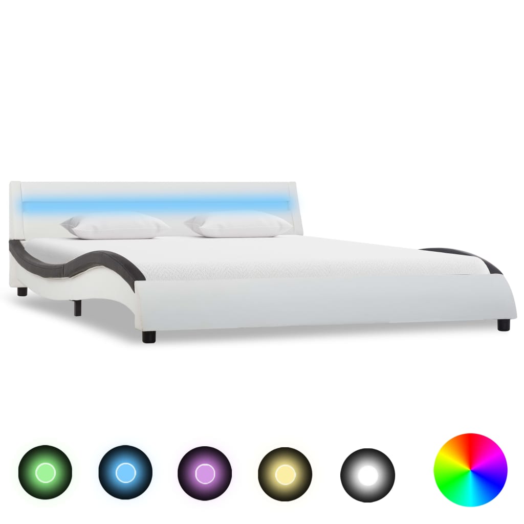  Sängram med LED vit och svart konstläder 160x200 cm