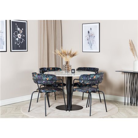 Estelle Round Dining Table ø106 H75 - White / Black, Arrow armchair - Black Legs - Black Flower printed Fabric_4