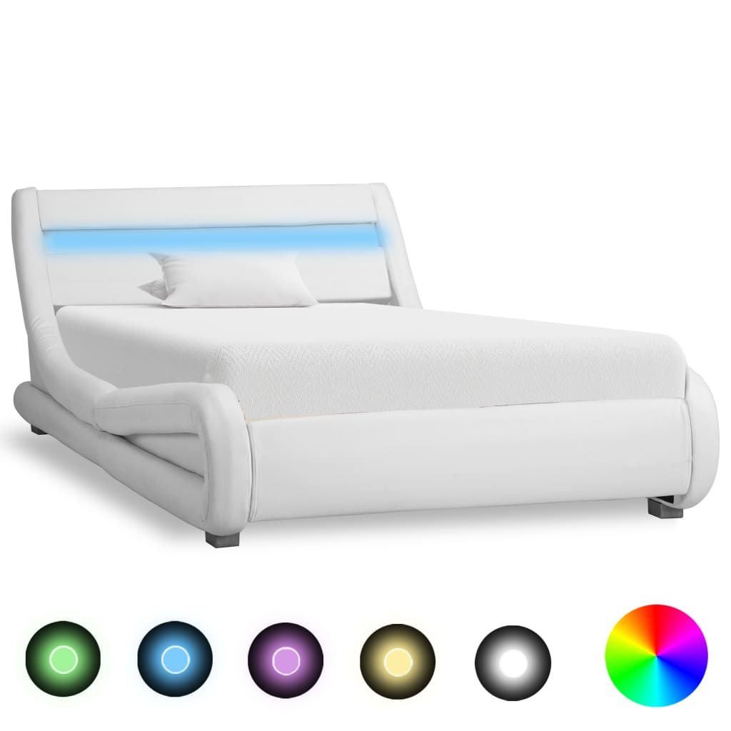  Sängram med LED vit konstläder 100x200 cm