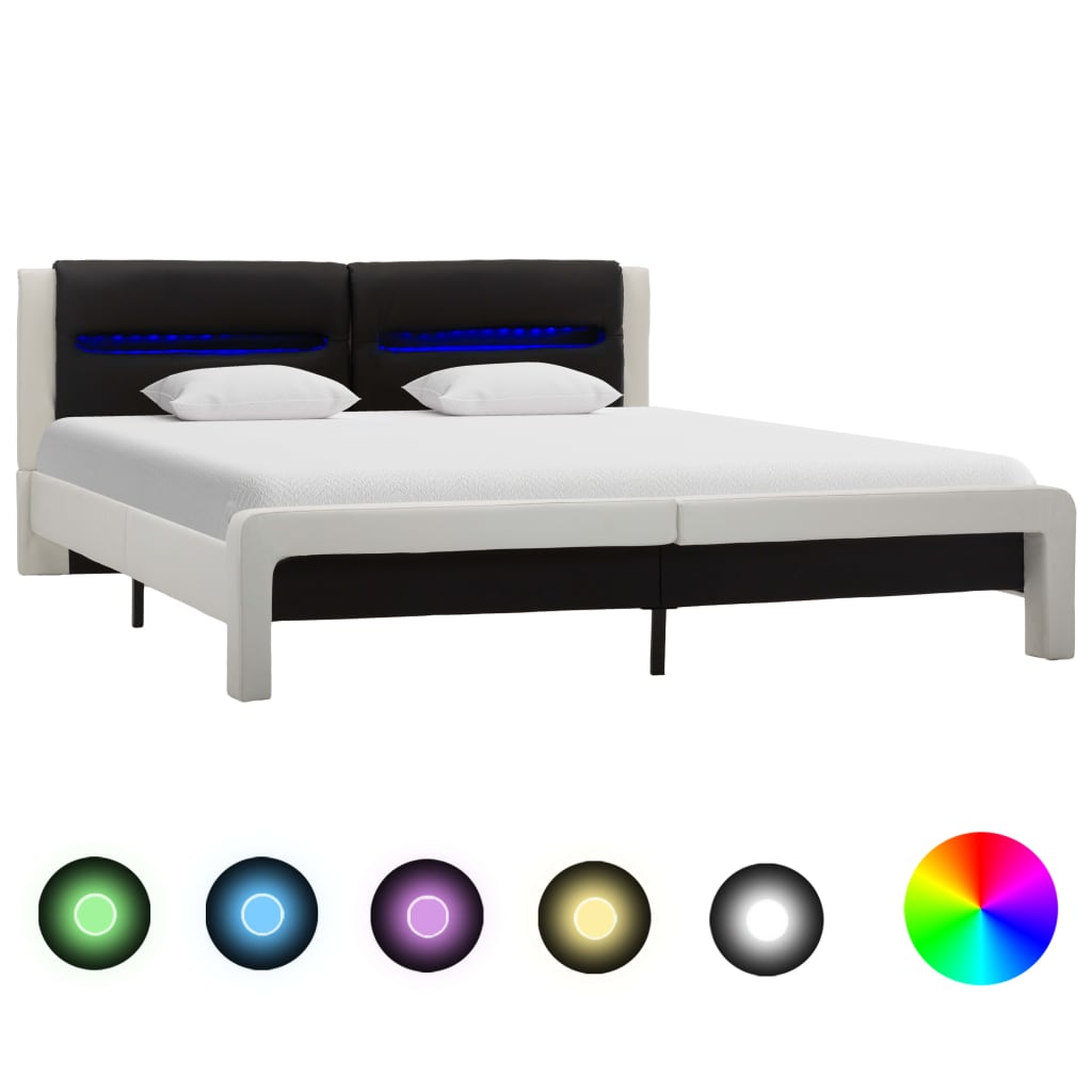  Sängram med LED vit och svart konstläder 120x200 cm