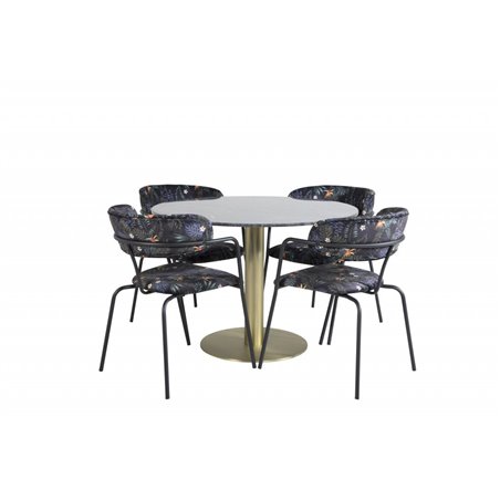 Estelle Round Dining Table ø106 H75 - Black / Brass, Arrow armchair - Black Legs - Black Flower printed Fabric_4