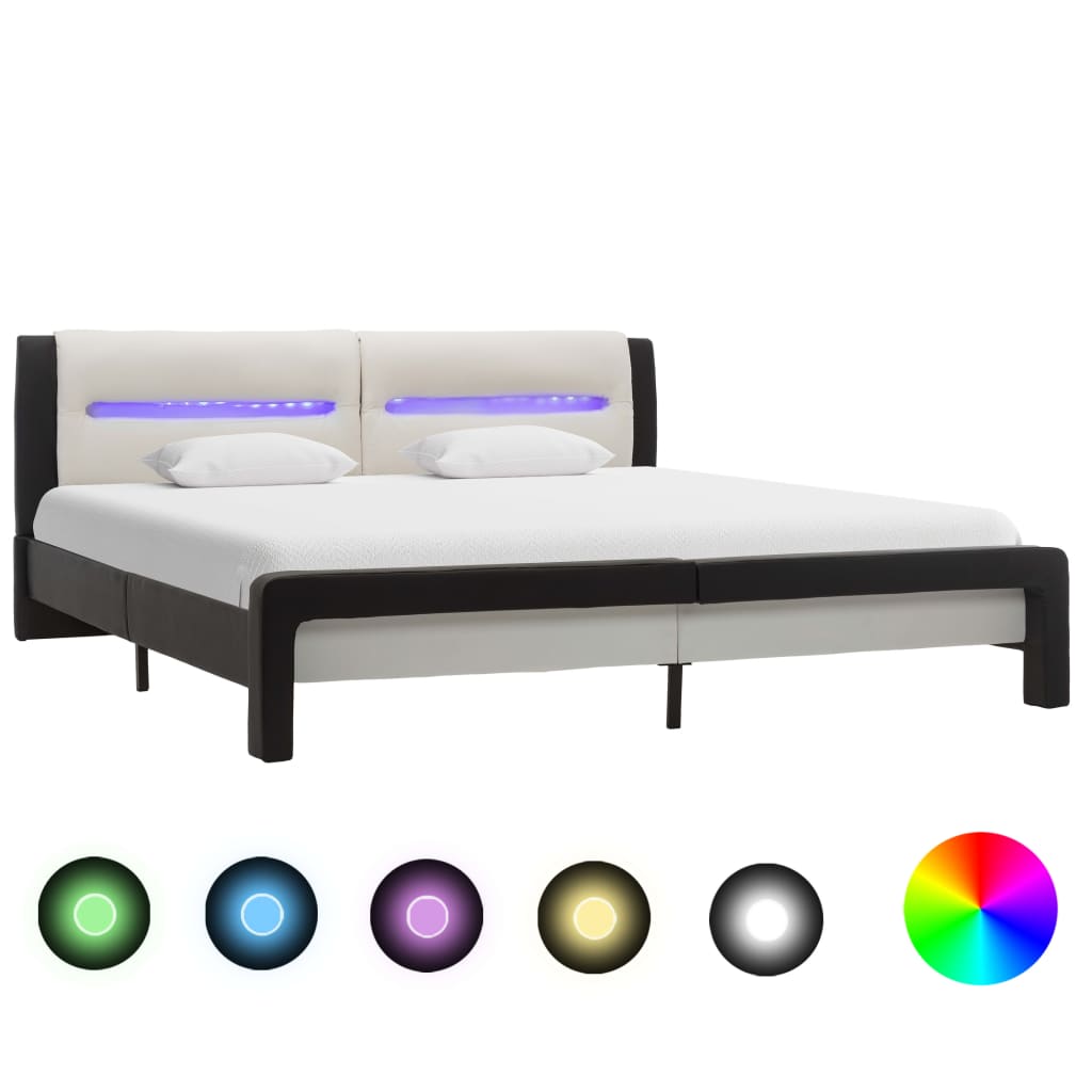  Sängram med LED svart och vit konstläder 160x200 cm