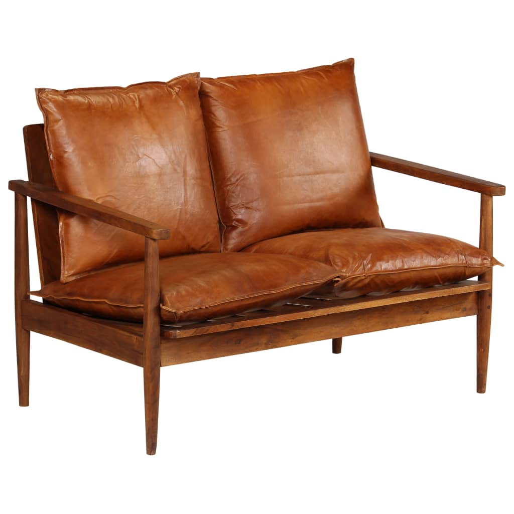  2-sitssoffa i äkta läder med akaciaträ brun