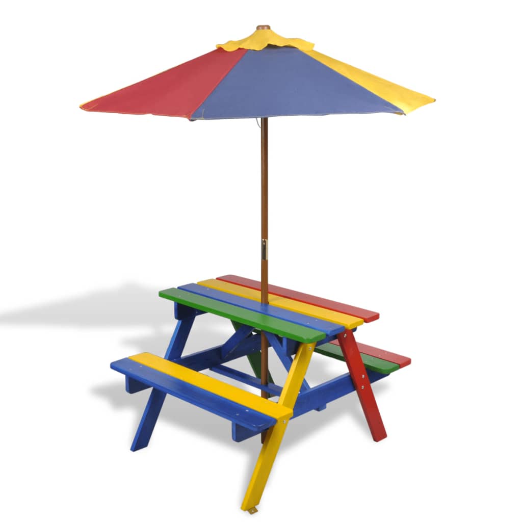  Picknickbord med bänkar och parasoll för barn flerfärgad trä