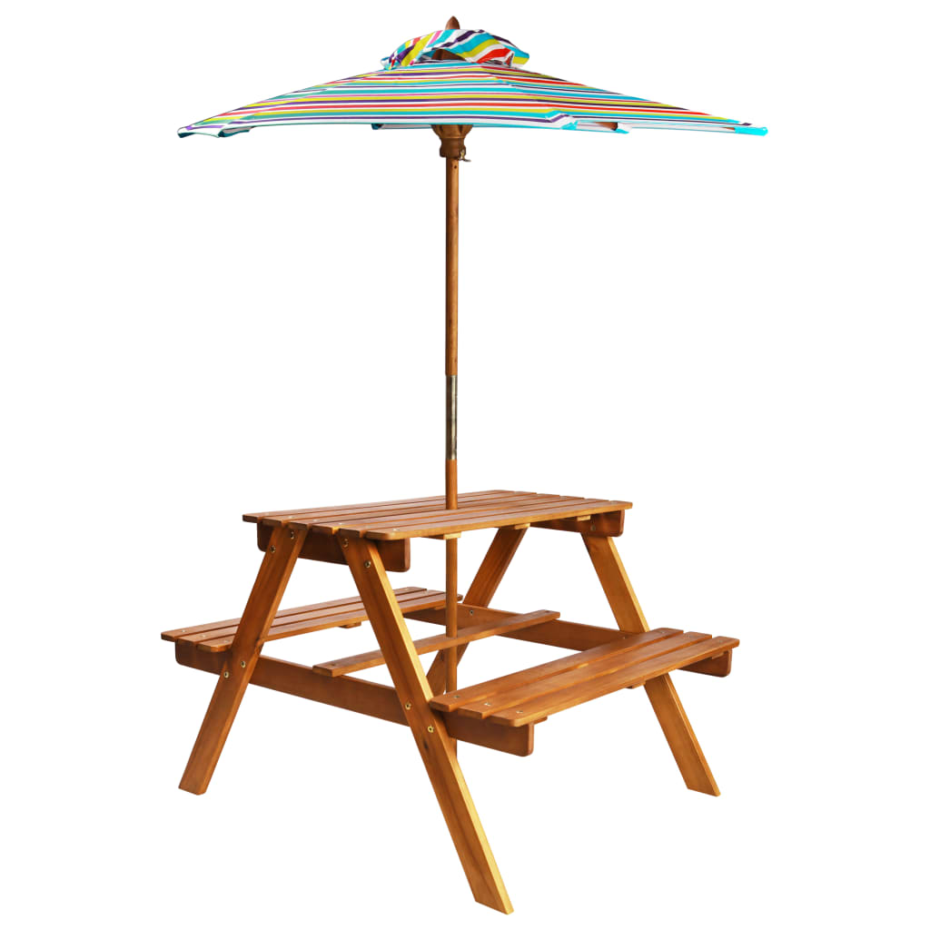  Picknickbord för barn med parasoll 79x90x60 cm massivt akaciaträ