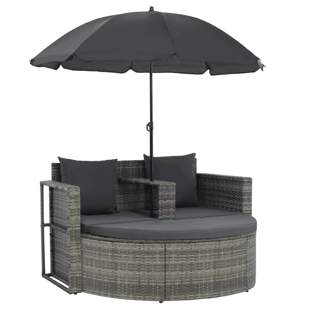  Trädgårdssoffa 2-sits med dynor & parasoll konstrotting grå